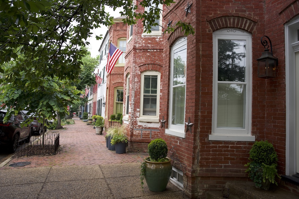 A weathered brick facade in Old Town Alexandria